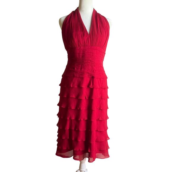 TADASHI SHOJI Red Silk Chiffon Ruffle Skirt Halter Sheath Cocktail Dress Medium - Picture 1 of 8